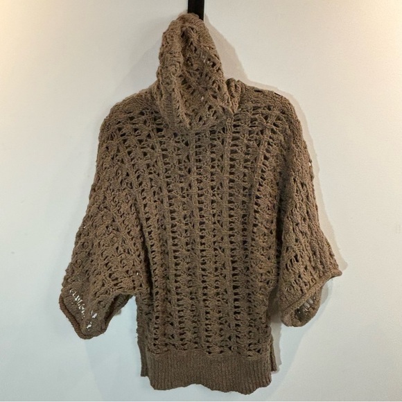 FREE PEOPLE Sz M Open Weave Crochet Style Hooded Pull On 3/4 Sleeves Sweater Top - Picture 9 of 10